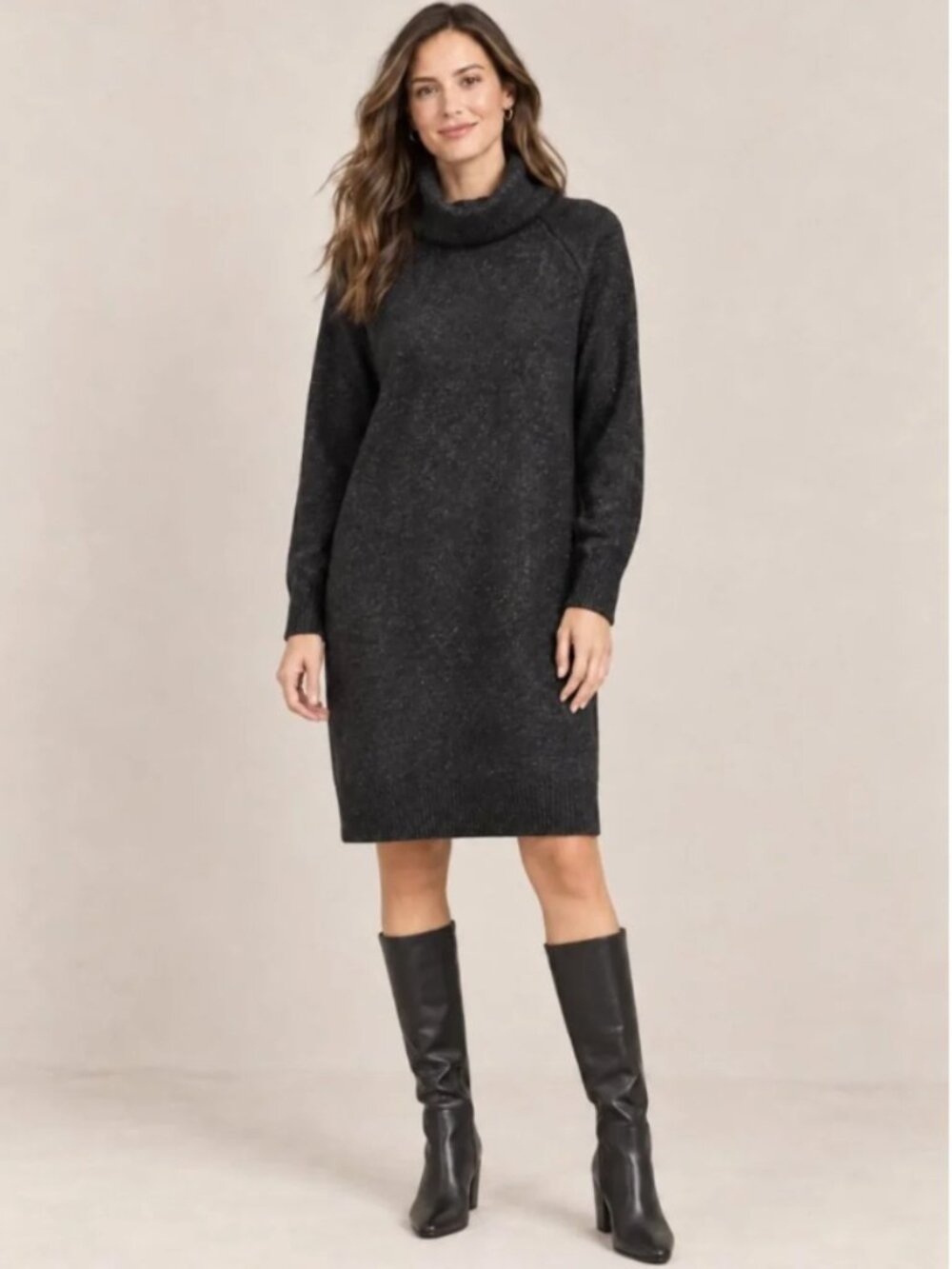 LOFT Black Metallic Cowl Neck Sweater Dress - Size Medium Petite